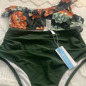 One shoulder top with high waisted bottom